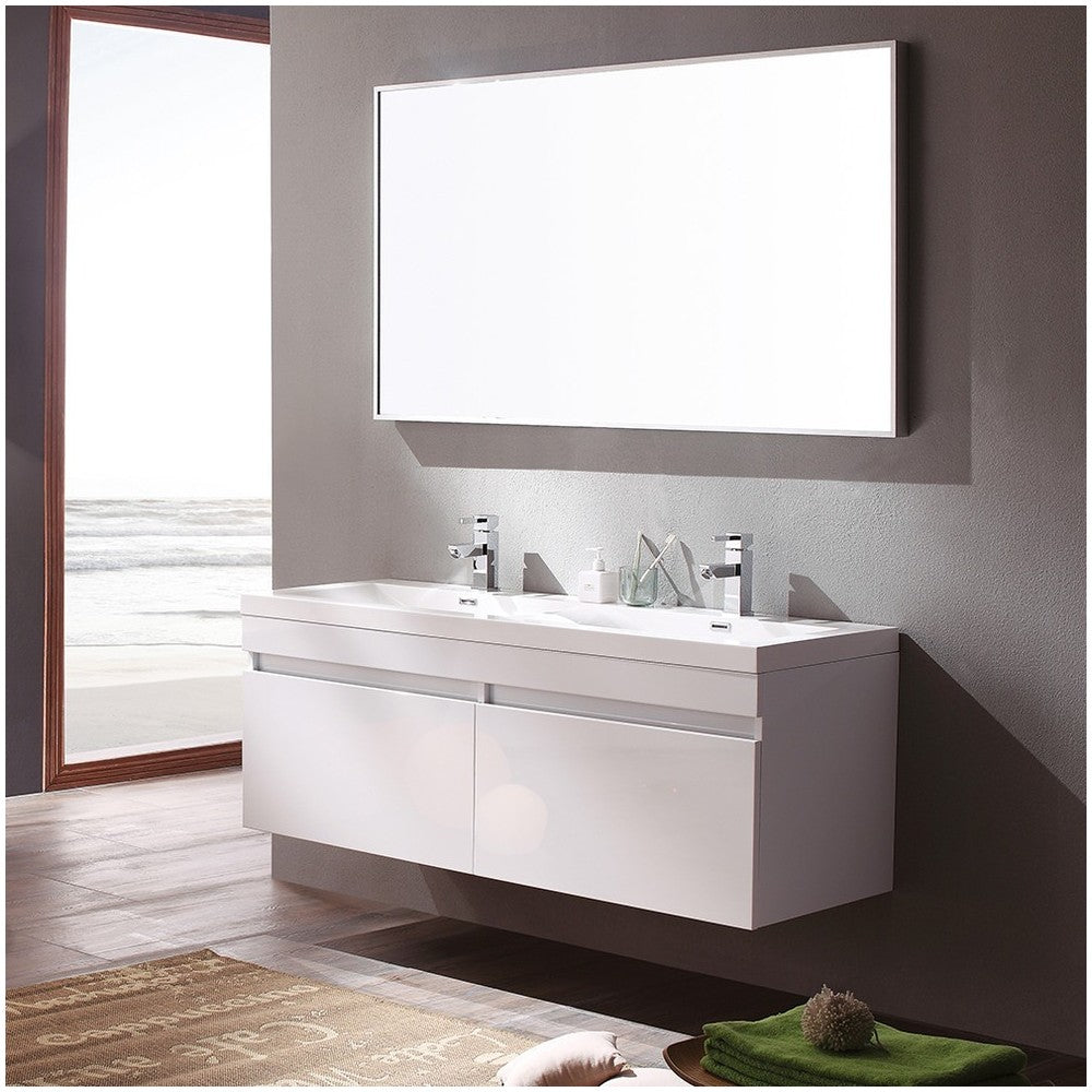 Fresca Largo 57" White Modern Bathroom Vanity w/ Wavy Double Sinks