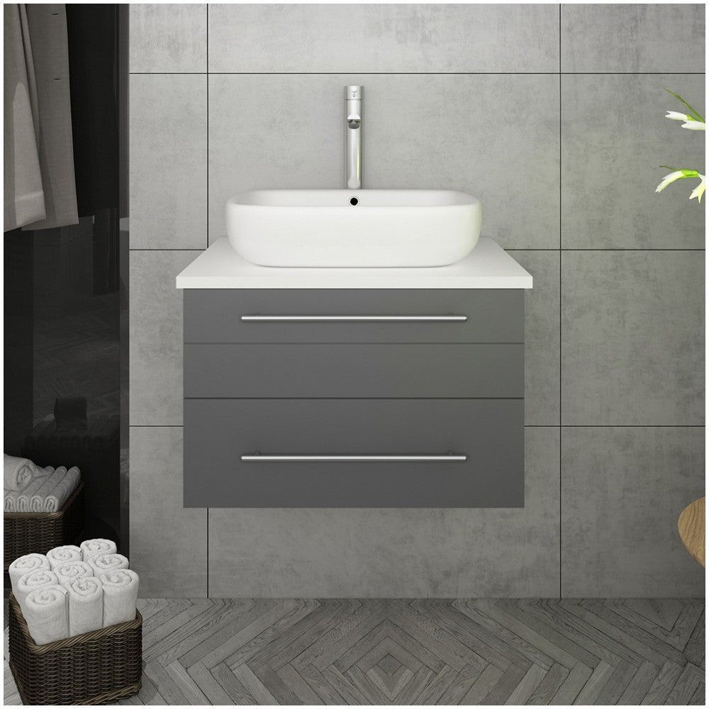 Fresca Lucera 24" Gray Wall Hung Modern Bathroom Cabinet w/ Top & Vessel Sink