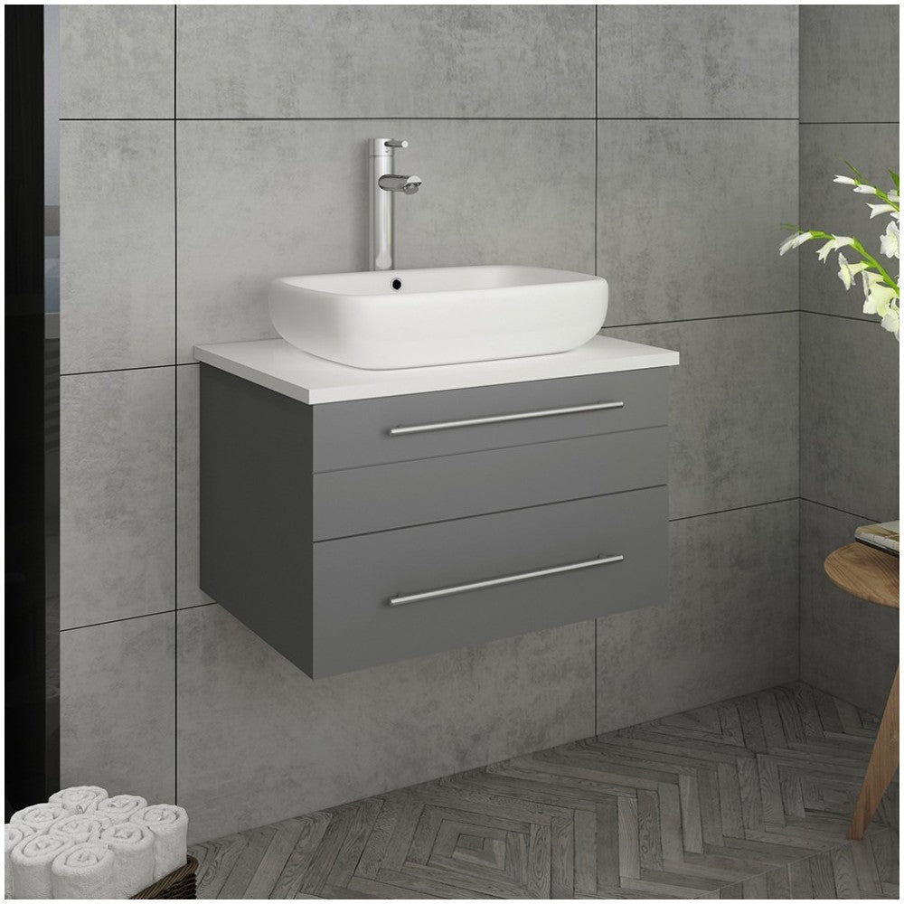 Fresca Lucera 24" Gray Wall Hung Modern Bathroom Cabinet w/ Top & Vessel Sink