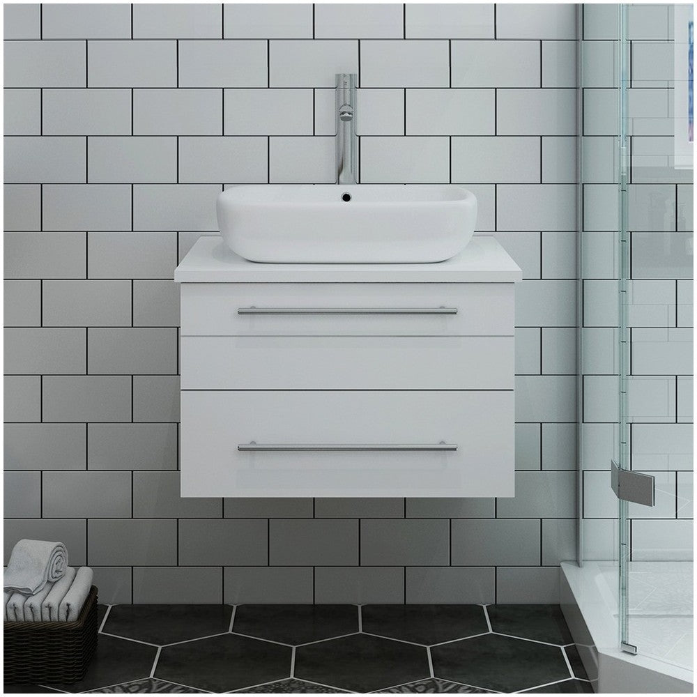 Fresca Lucera 24" White Wall Hung Modern Bathroom Cabinet w/ Top & Vessel Sink