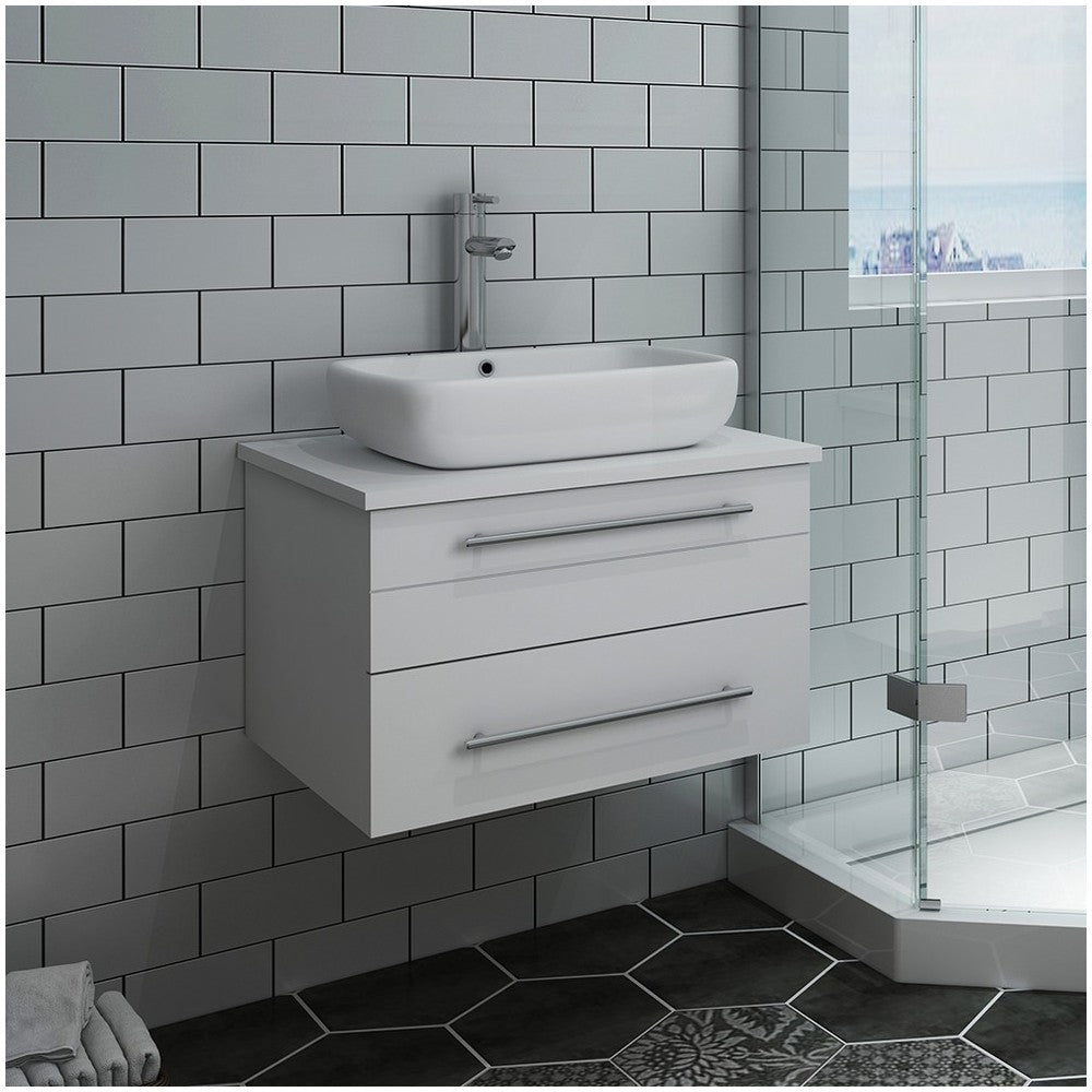 Fresca Lucera 24" White Wall Hung Modern Bathroom Cabinet w/ Top & Vessel Sink