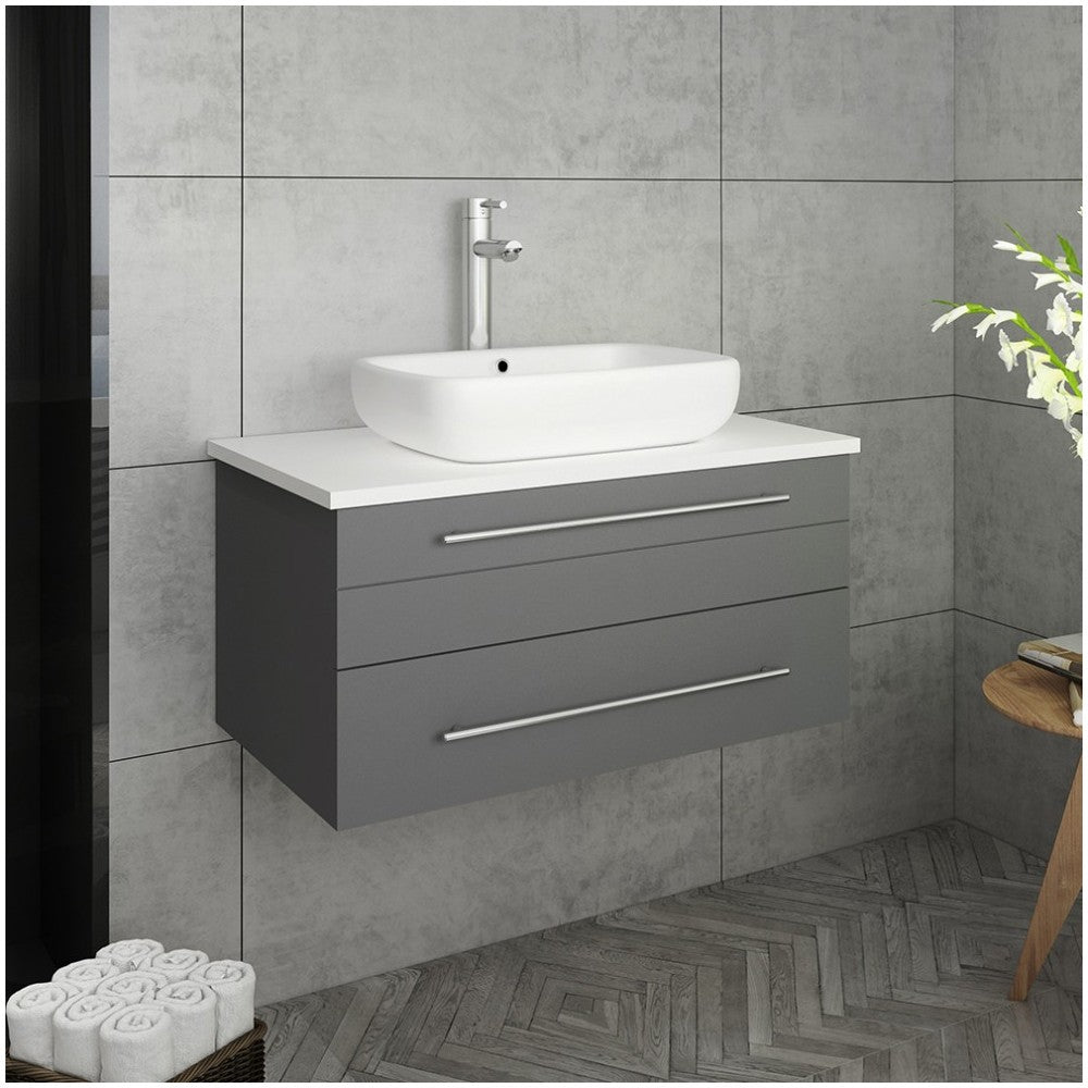 Fresca Lucera 30" Gray Wall Hung Modern Bathroom Cabinet w/ Top & Vessel Sink