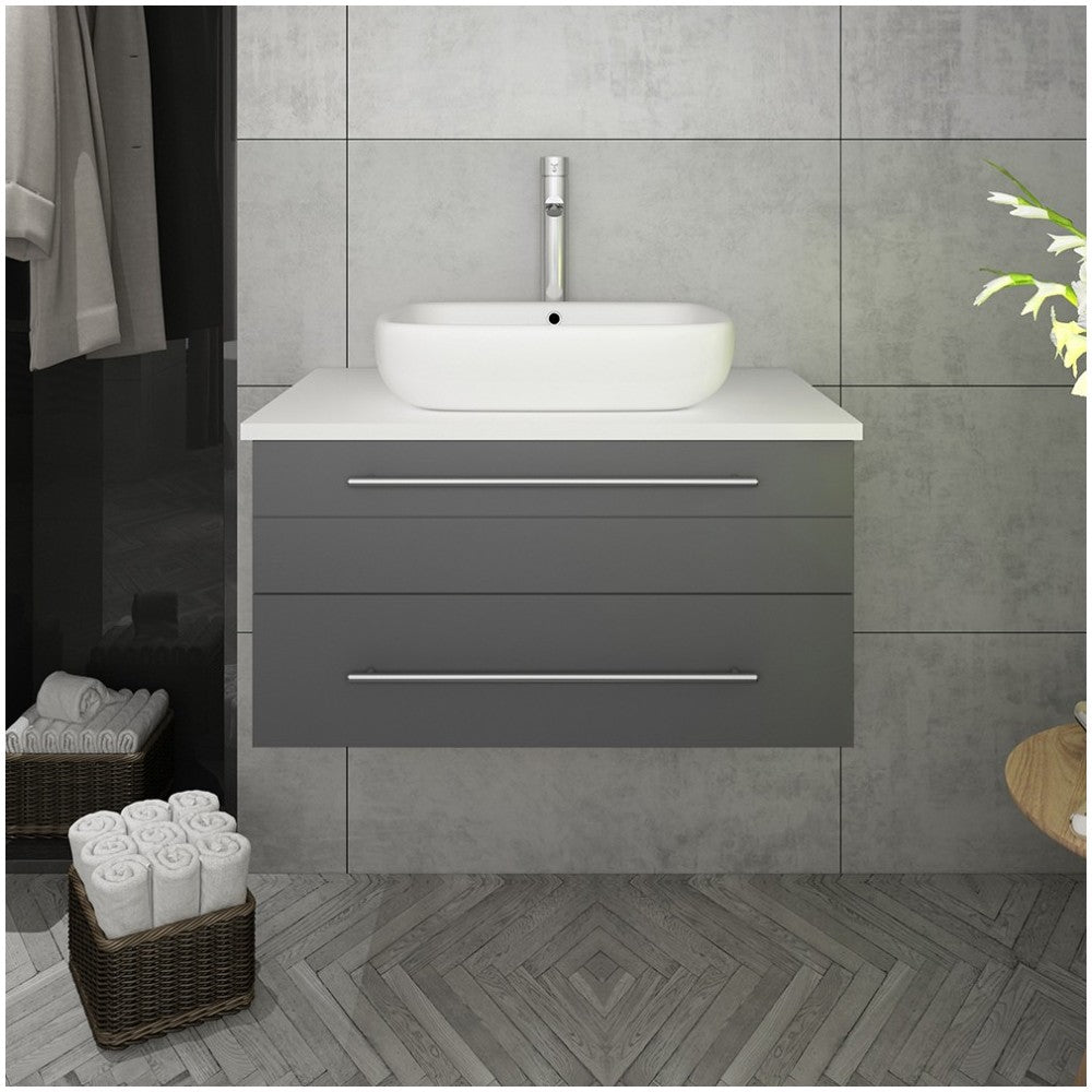 Fresca Lucera 30" Gray Wall Hung Modern Bathroom Cabinet w/ Top & Vessel Sink