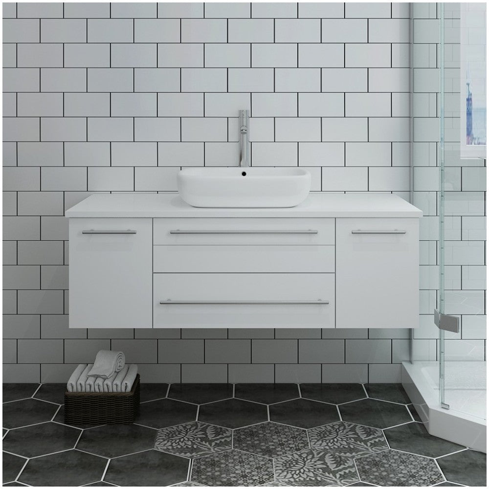 Fresca Lucera 48" White Wall Hung Modern Bathroom Cabinet w/ Top & Vessel Sink
