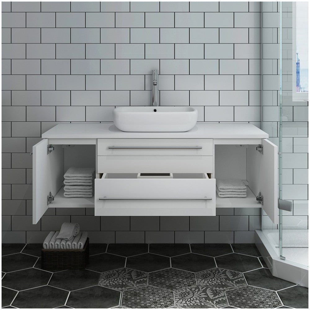 Fresca Lucera 48" White Wall Hung Modern Bathroom Cabinet w/ Top & Vessel Sink