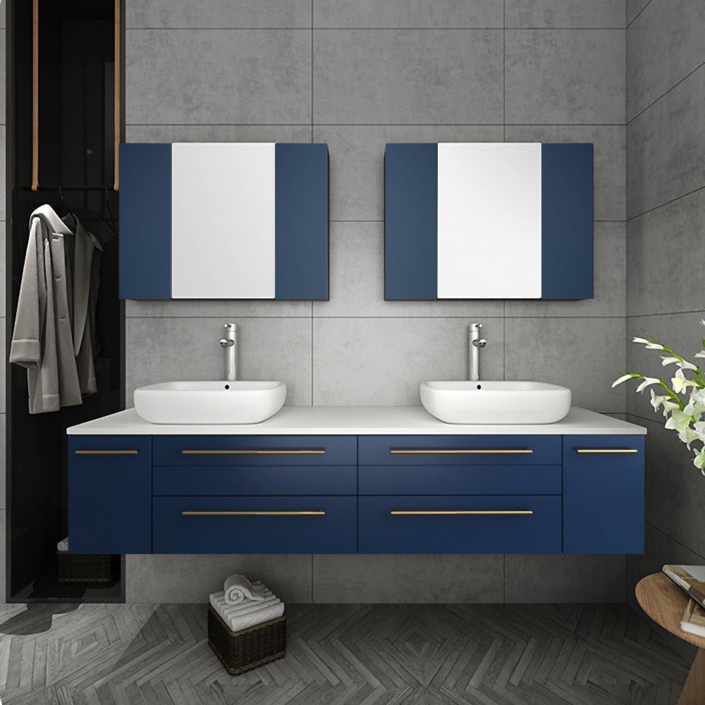 Fresca Lucera 72" Royal Blue Wall Hung Double Vessel Sink Bathroom Cabinet