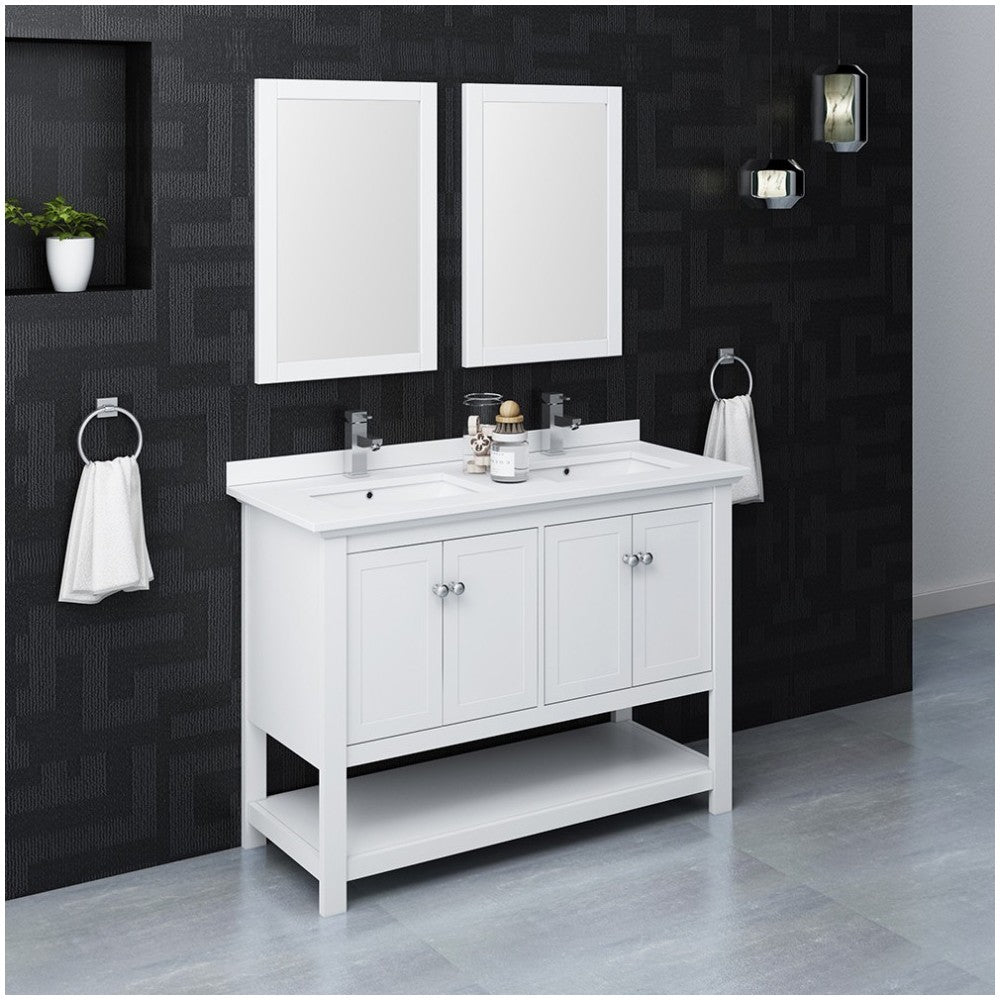 Fresca Manchester 48" White Traditional Double Sink Bathroom Vanity w/ Mirrors