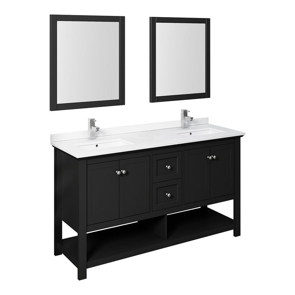 Fresca Manchester 60" Black Traditional Double Sink Bathroom Vanity w/ Mirrors