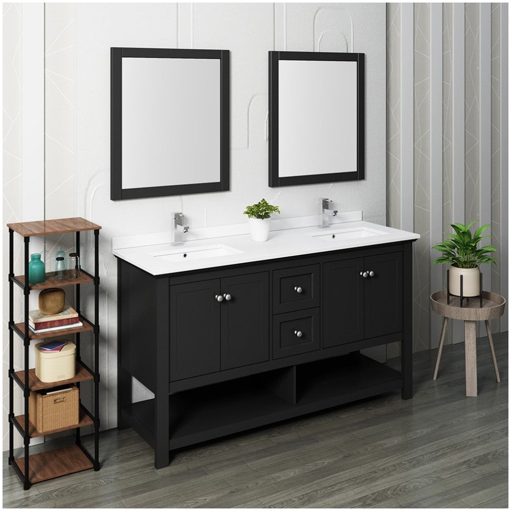 Fresca Manchester 60" Black Traditional Double Sink Bathroom Vanity w/ Mirrors