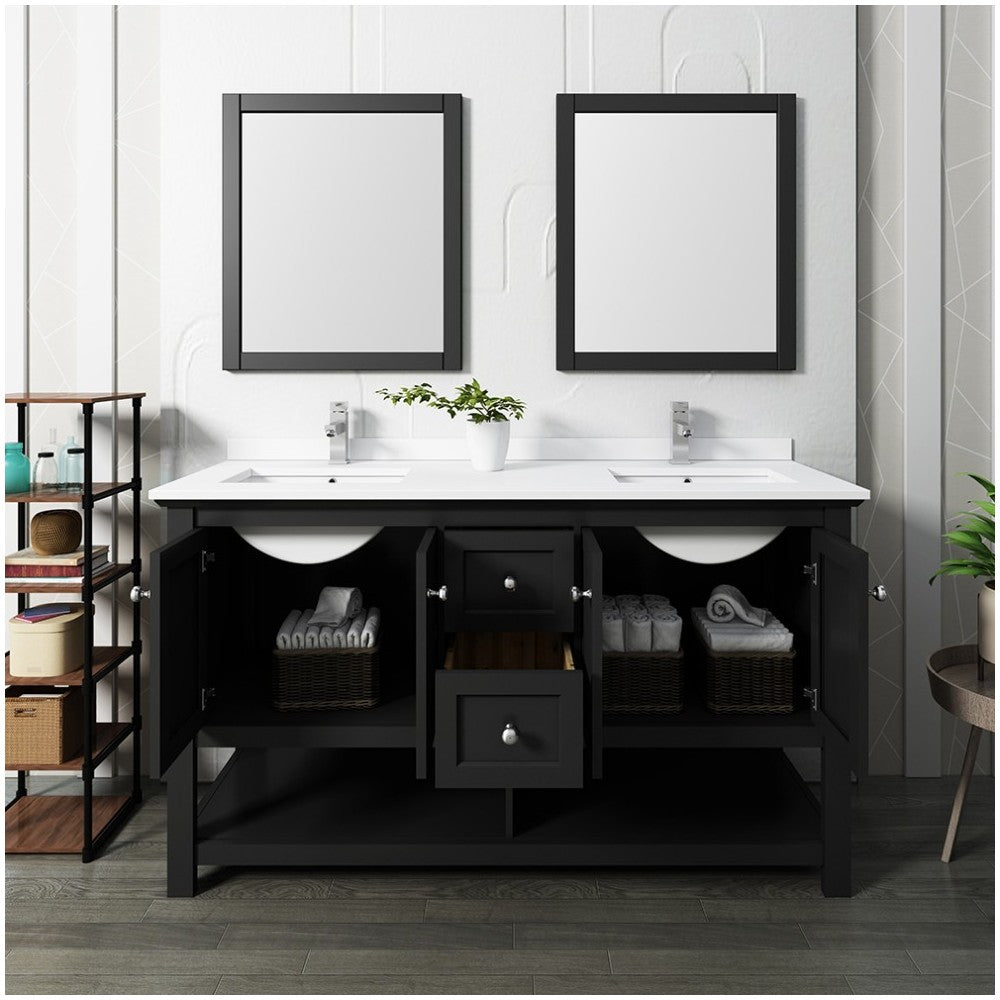 Fresca Manchester 60" Black Traditional Double Sink Bathroom Vanity w/ Mirrors