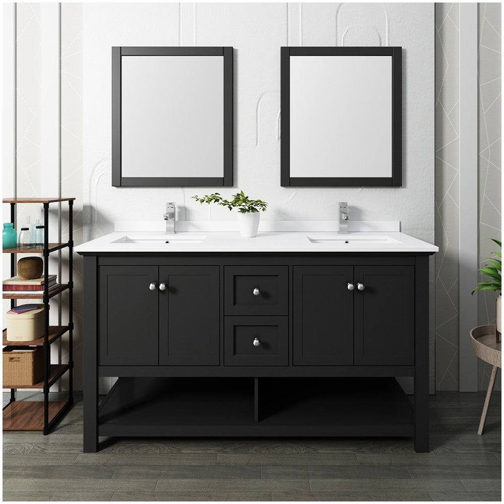 Fresca Manchester 60" Black Traditional Double Sink Bathroom Vanity w/ Mirrors