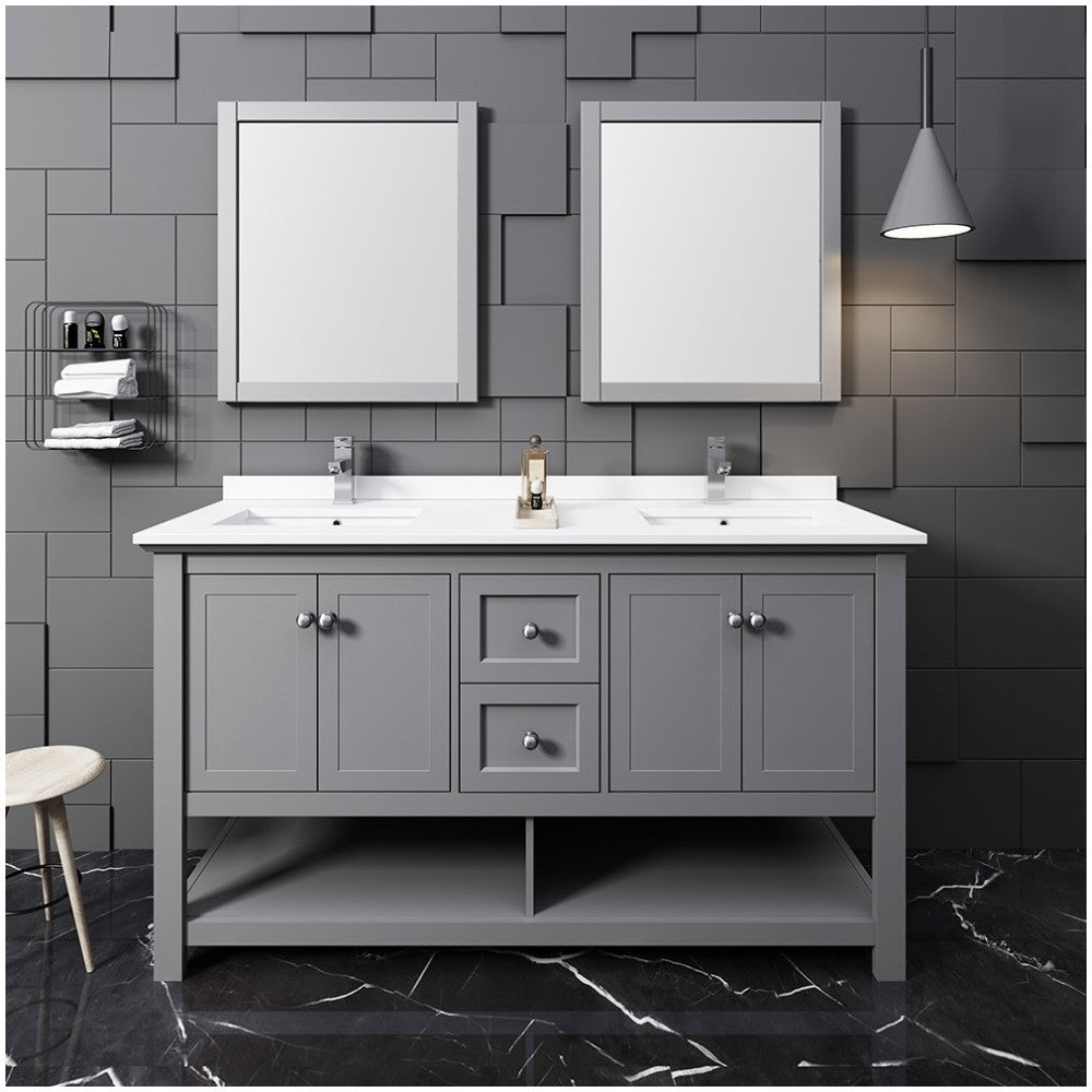 Fresca Manchester 60" Gray Traditional Double Sink Bathroom Vanity w/ Mirrors