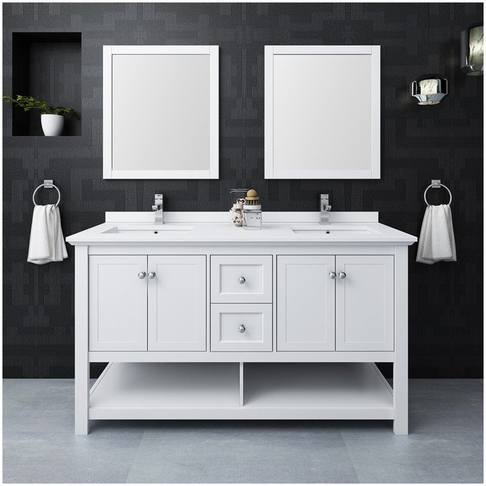 Fresca Manchester 60" White Traditional Double Sink Bathroom Vanity w/ Mirrors