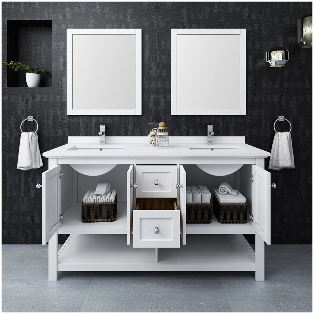 Fresca Manchester 60" White Traditional Double Sink Bathroom Vanity w/ Mirrors