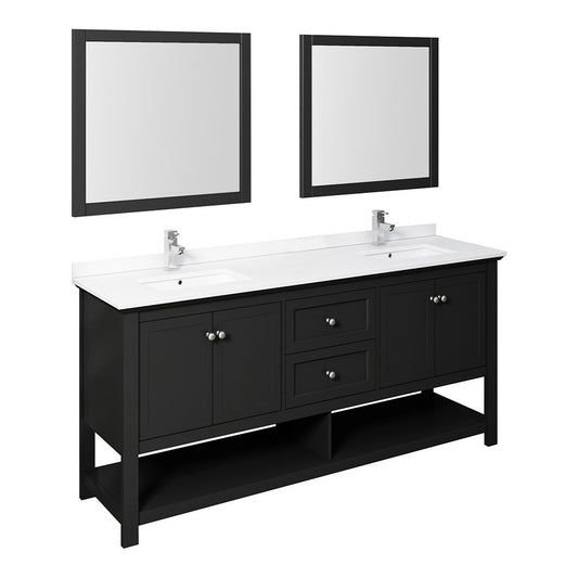 Fresca Manchester 72" Black Traditional Double Sink Bathroom Vanity w/ Mirrors