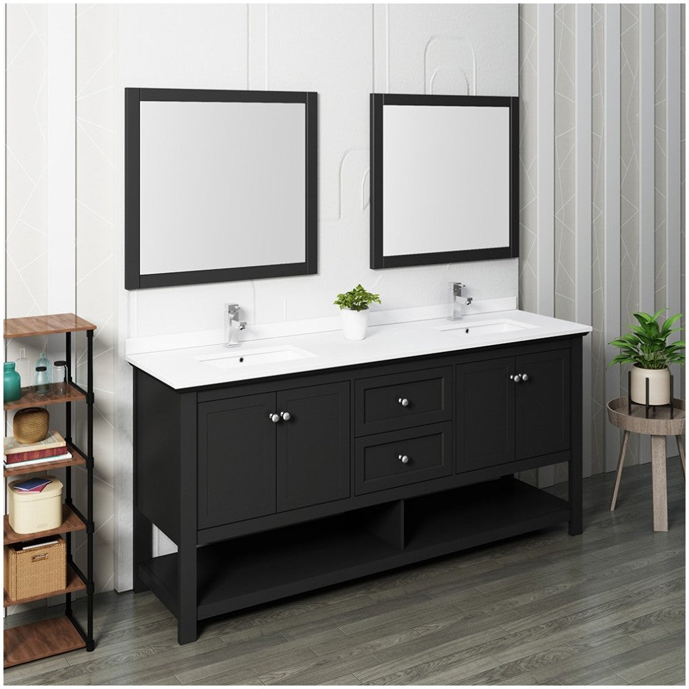 Fresca Manchester 72" Black Traditional Double Sink Bathroom Vanity w/ Mirrors