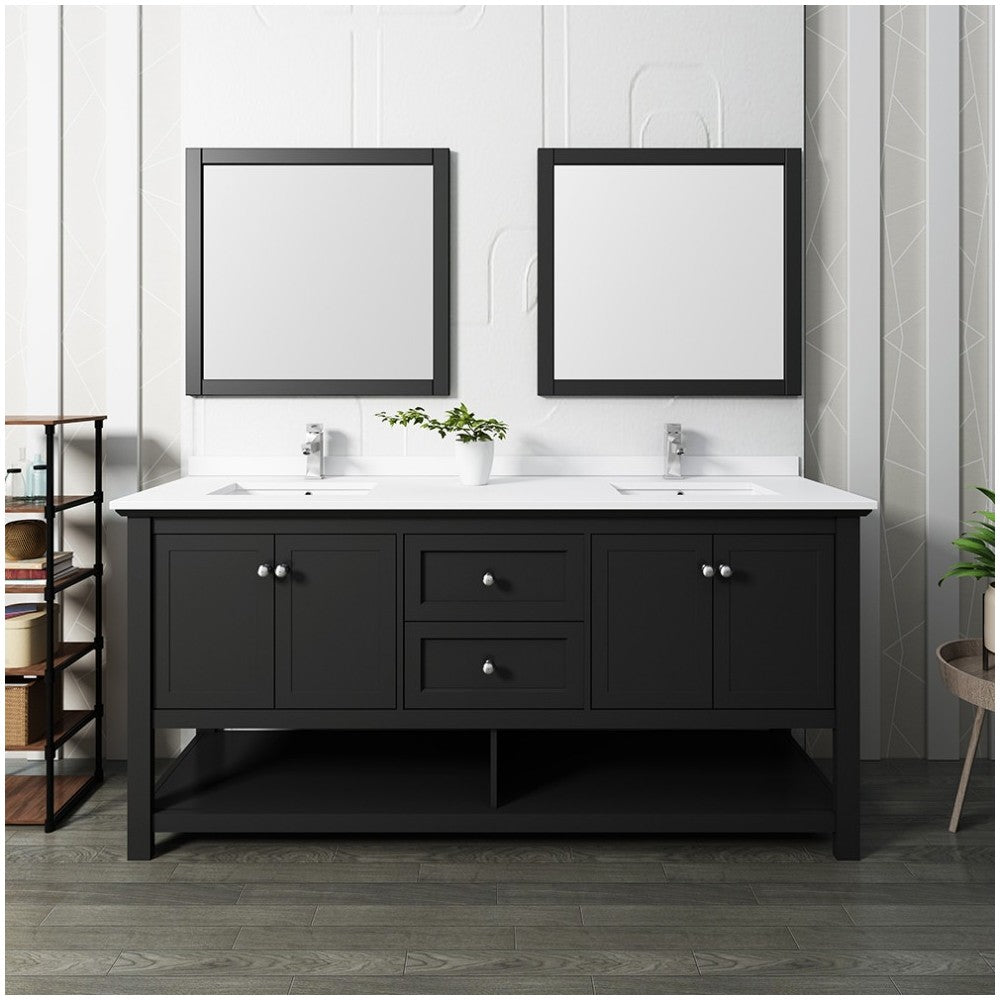 Fresca Manchester 72" Black Traditional Double Sink Bathroom Vanity w/ Mirrors