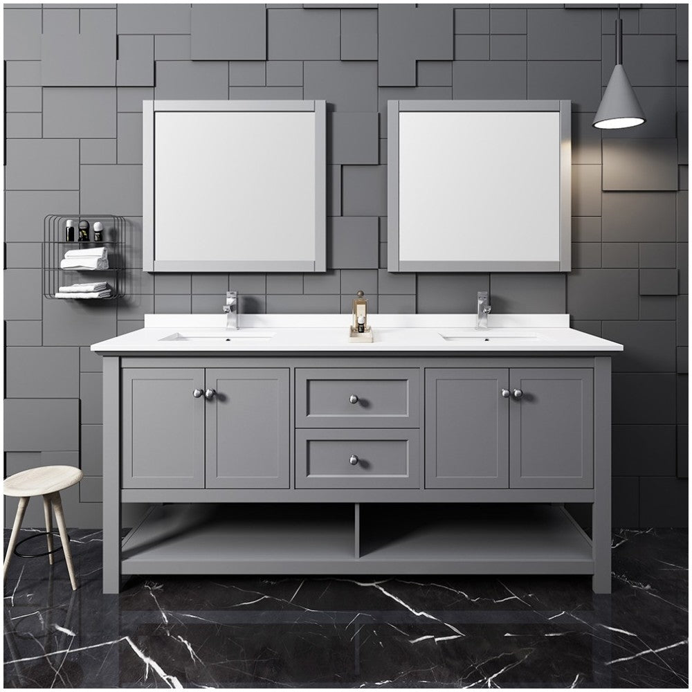 Fresca Manchester 72" Gray Traditional Double Sink Bathroom Vanity w/ Mirrors