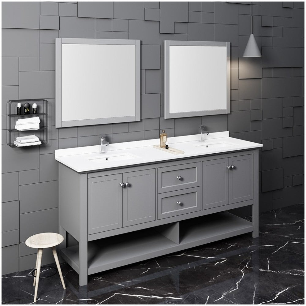 Fresca Manchester 72" Gray Traditional Double Sink Bathroom Vanity w/ Mirrors