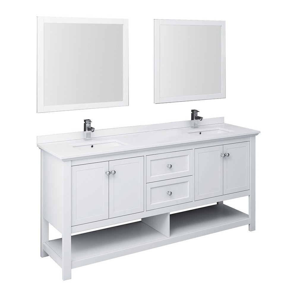 Fresca Manchester 72" White Traditional Double Sink Bathroom Vanity w/ Mirrors