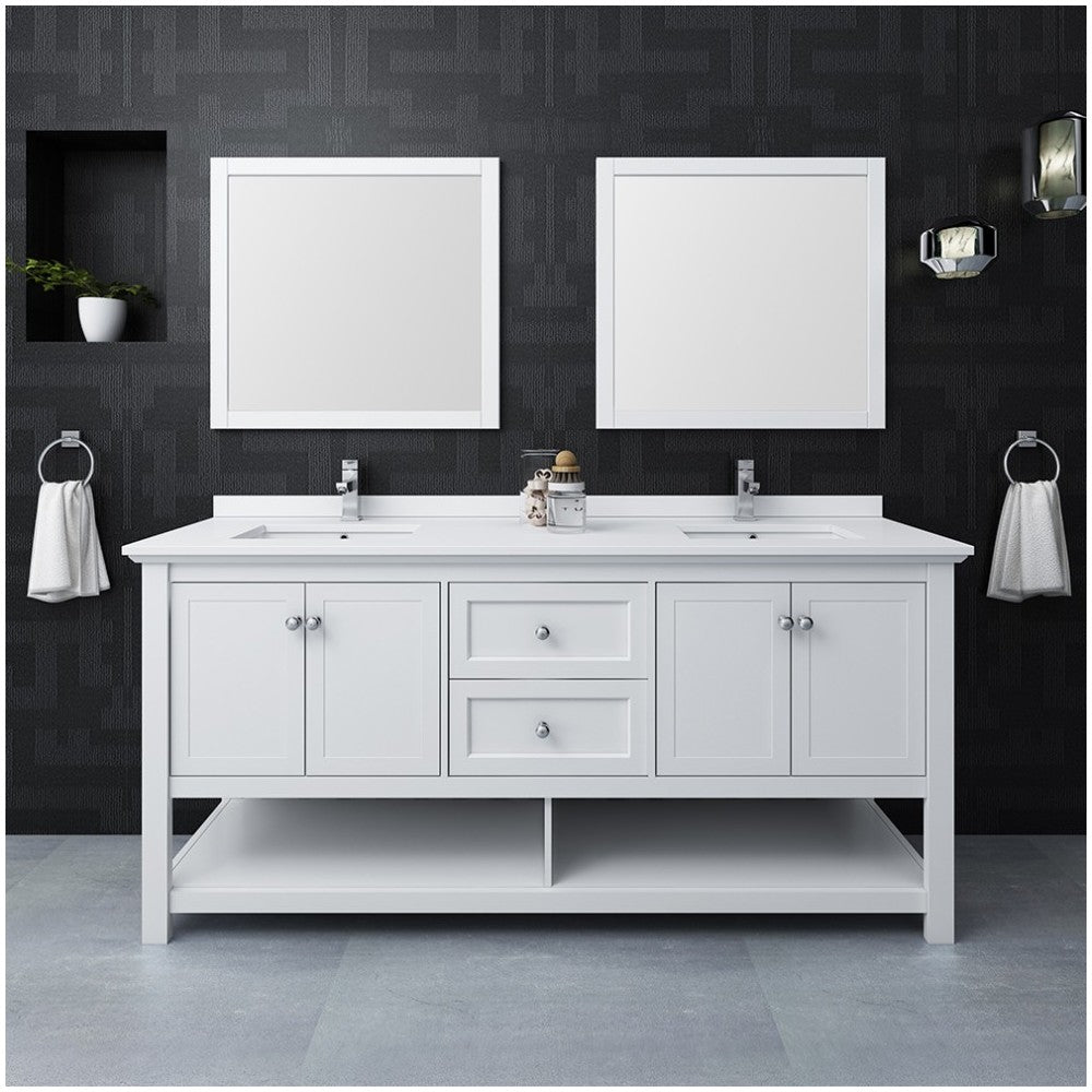 Fresca Manchester 72" White Traditional Double Sink Bathroom Vanity w/ Mirrors