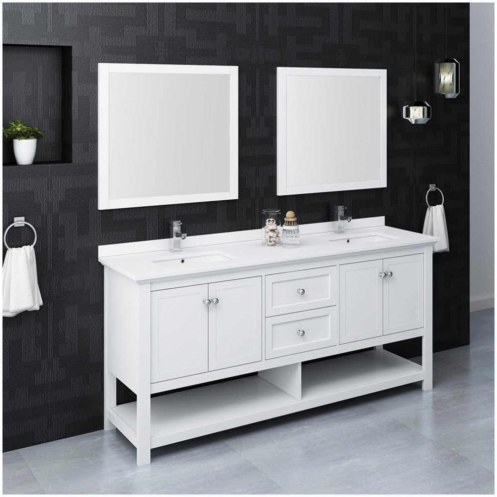 Fresca Manchester 72" White Traditional Double Sink Bathroom Vanity w/ Mirrors