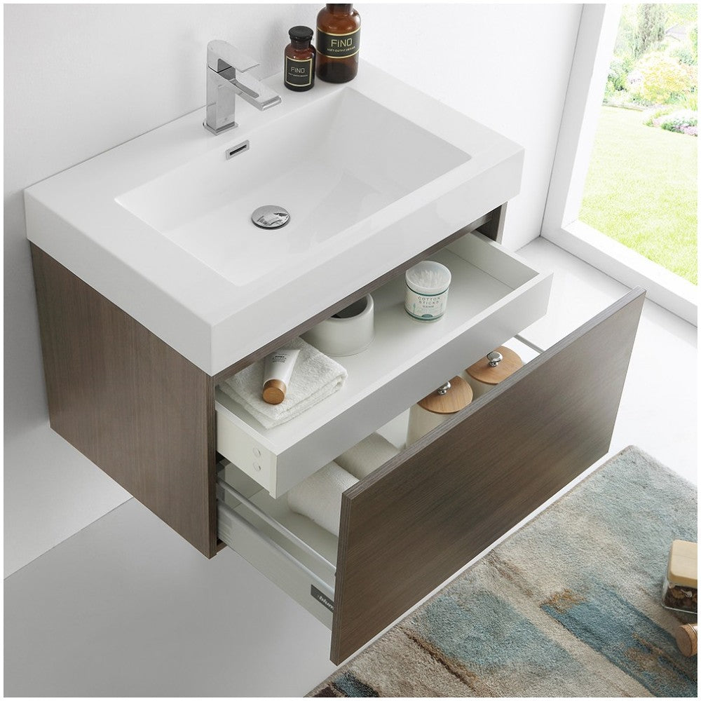 Fresca Mezzo 30" Gray Oak Wall Hung Modern Bathroom Cabinet w/ Integrated Sink