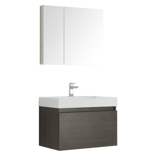 Fresca Mezzo 30" Gray Oak Wall Hung Modern Bathroom Vanity w/ Medicine Cabinet