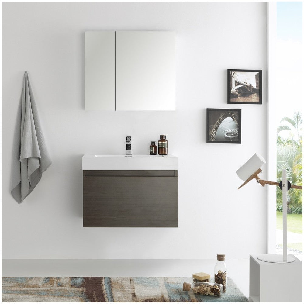 Fresca Mezzo 30" Gray Oak Wall Hung Modern Bathroom Vanity w/ Medicine Cabinet