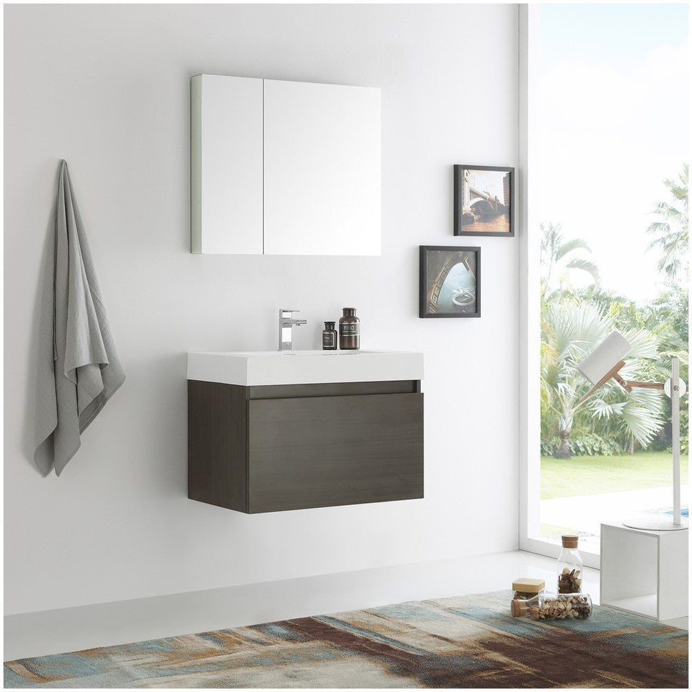 Fresca Mezzo 30" Gray Oak Wall Hung Modern Bathroom Vanity w/ Medicine Cabinet