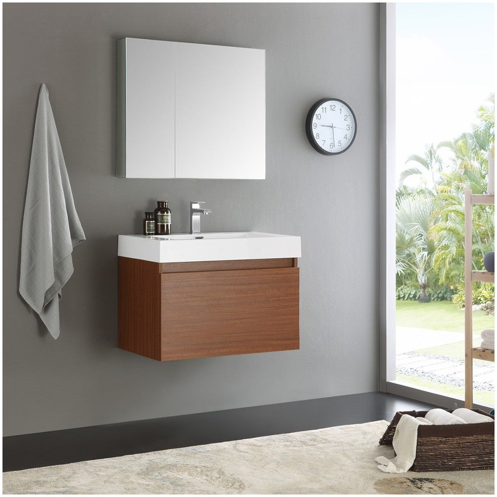 Fresca Mezzo 30" Teak Wall Hung Modern Bathroom Vanity w/ Medicine Cabinet