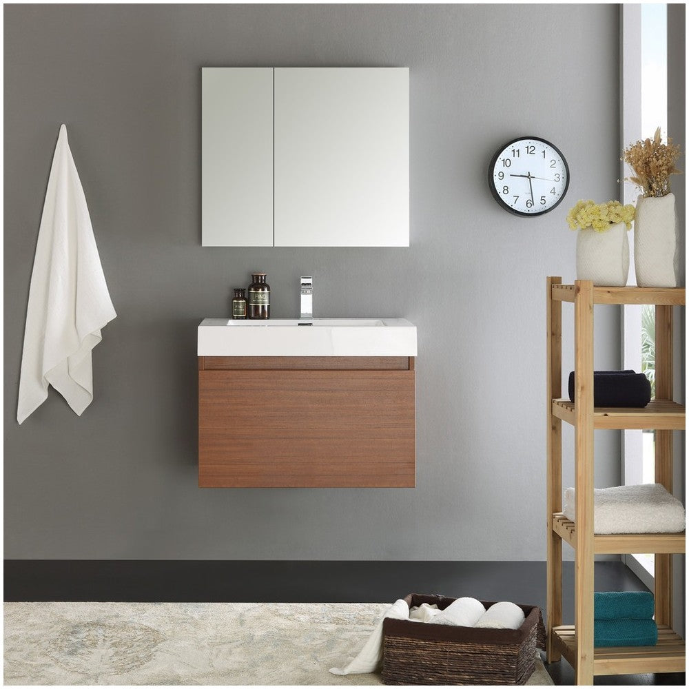 Fresca Mezzo 30" Teak Wall Hung Modern Bathroom Vanity w/ Medicine Cabinet