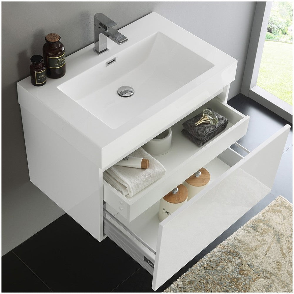 Fresca Mezzo 30" White Wall Hung Modern Bathroom Cabinet w/ Integrated Sink