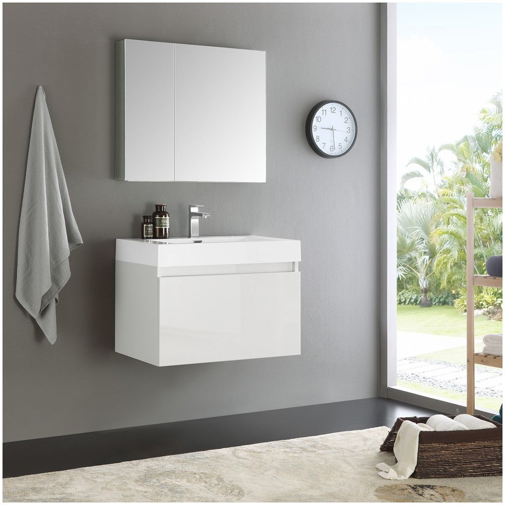 Fresca Mezzo 30" White Wall Hung Modern Bathroom Vanity w/ Medicine Cabinet