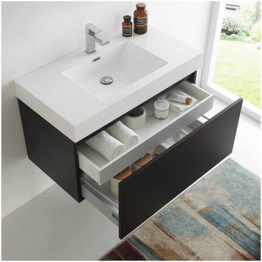 Fresca Mezzo 36" Black Wall Hung Modern Bathroom Cabinet w/ Integrated Sink