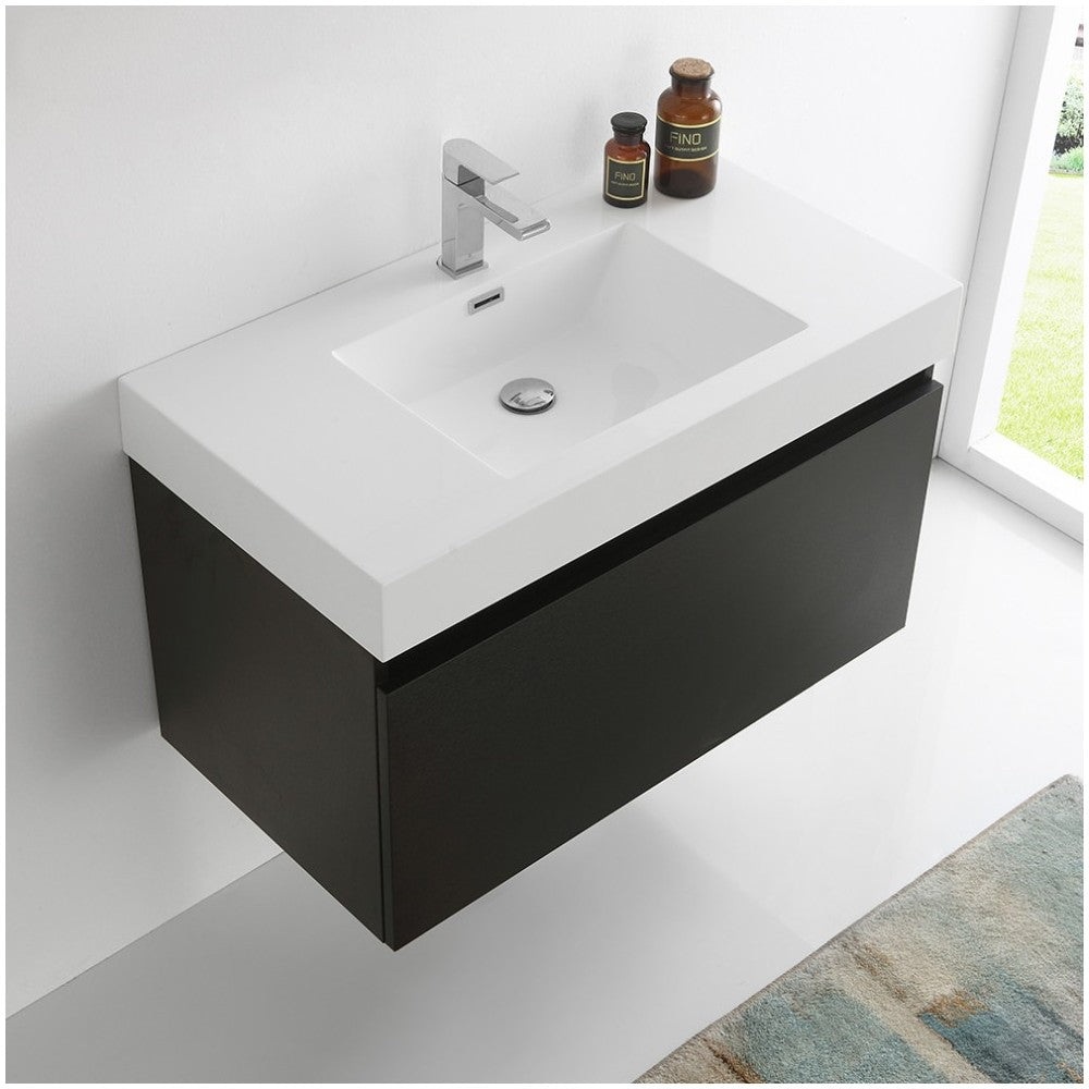 Fresca Mezzo 36" Black Wall Hung Modern Bathroom Cabinet w/ Integrated Sink