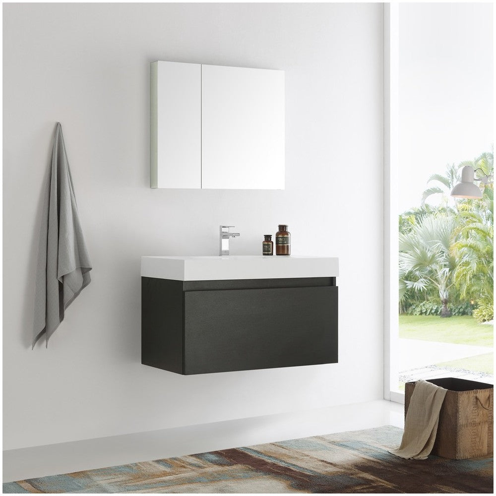 Fresca Mezzo 36" Black Wall Hung Modern Bathroom Vanity w/ Medicine Cabinet