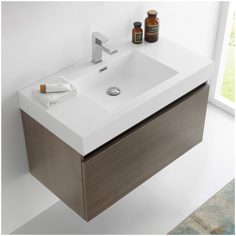 Fresca Mezzo 36" Gray Oak Wall Hung Modern Bathroom Cabinet w/ Integrated Sink