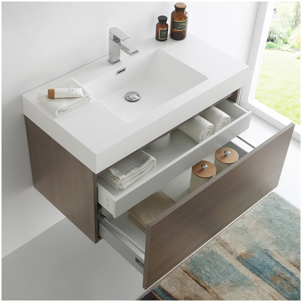 Fresca Mezzo 36" Gray Oak Wall Hung Modern Bathroom Cabinet w/ Integrated Sink