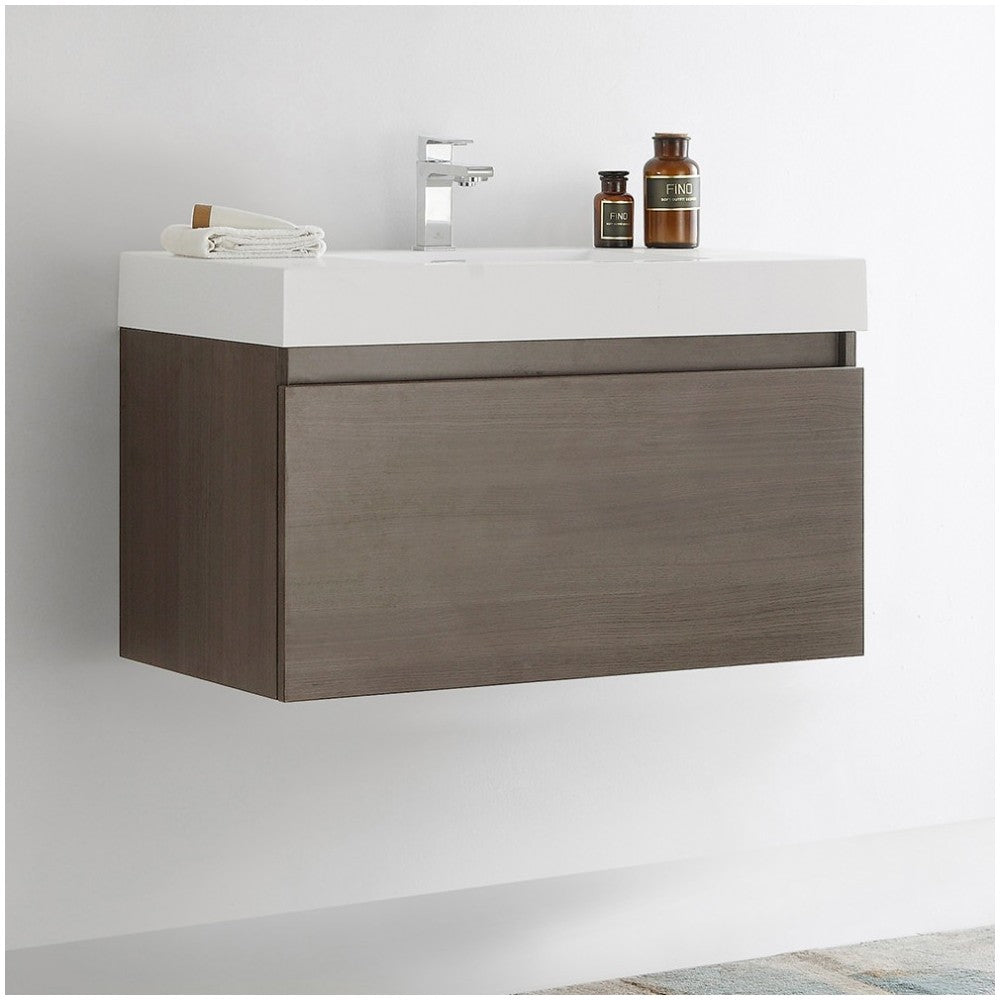 Fresca Mezzo 36" Gray Oak Wall Hung Modern Bathroom Cabinet w/ Integrated Sink