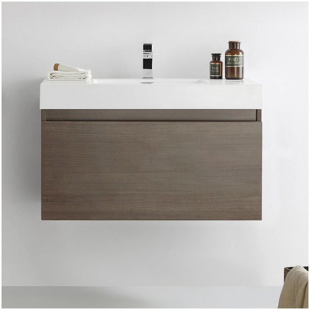 Fresca Mezzo 36" Gray Oak Wall Hung Modern Bathroom Cabinet w/ Integrated Sink