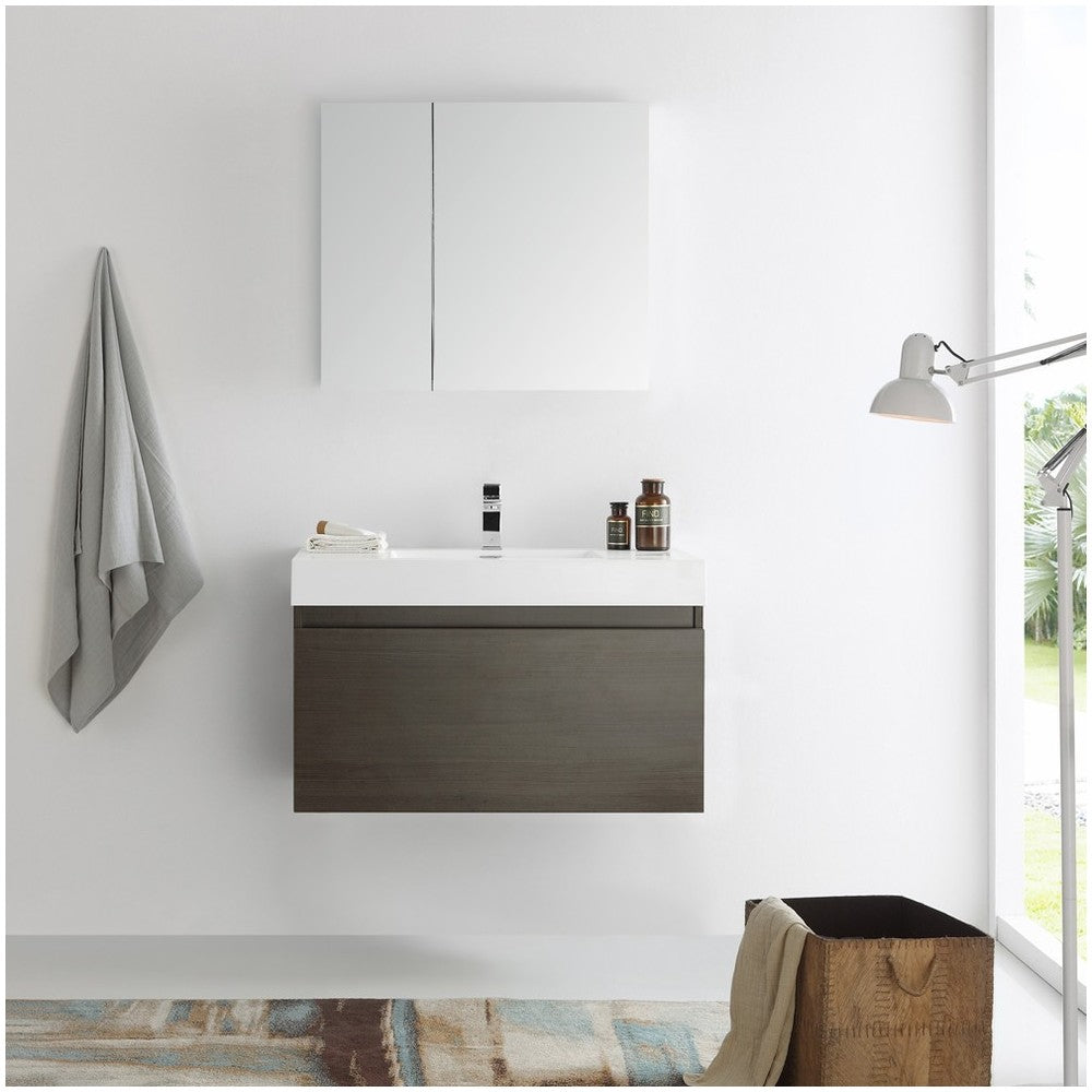 Fresca Mezzo 36" Gray Oak Wall Hung Modern Bathroom Vanity w/ Medicine Cabinet