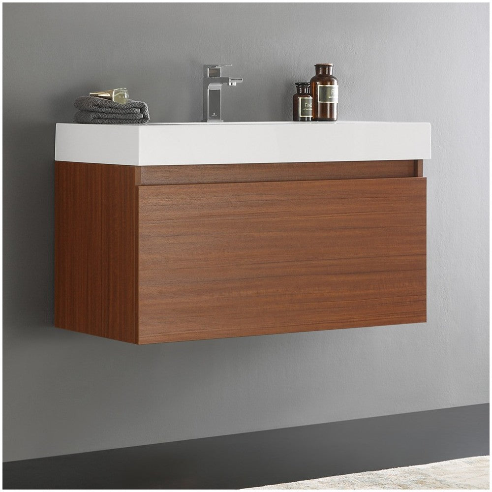Fresca Mezzo 36" Teak Wall Hung Modern Bathroom Cabinet w/ Integrated Sink