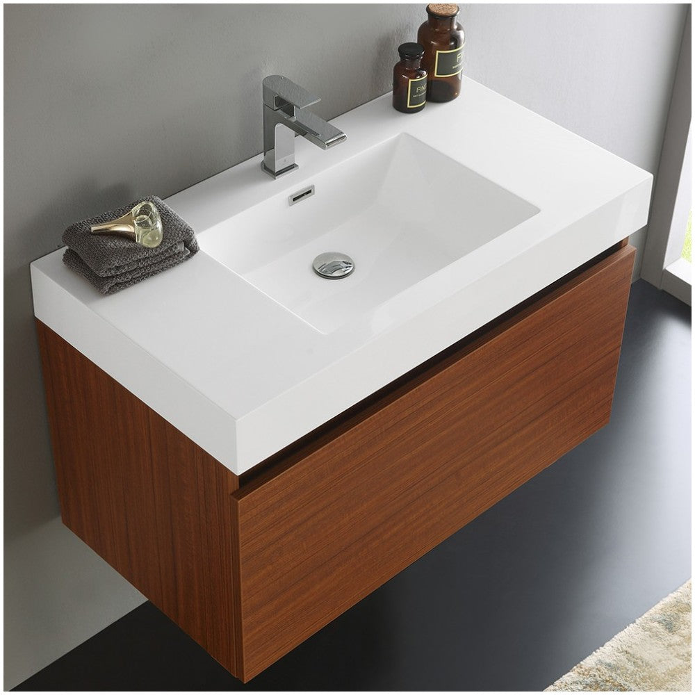 Fresca Mezzo 36" Teak Wall Hung Modern Bathroom Cabinet w/ Integrated Sink