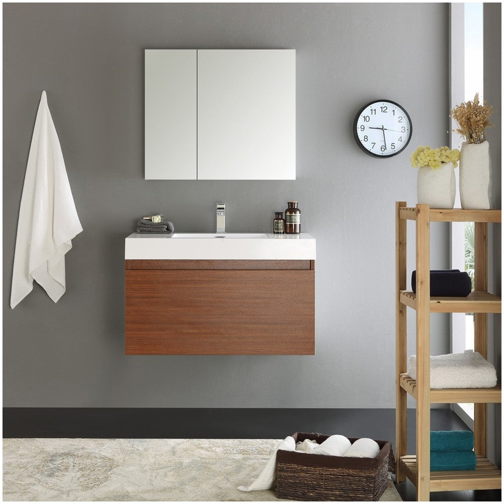 Fresca Mezzo 36" Teak Wall Hung Modern Bathroom Vanity w/ Medicine Cabinet