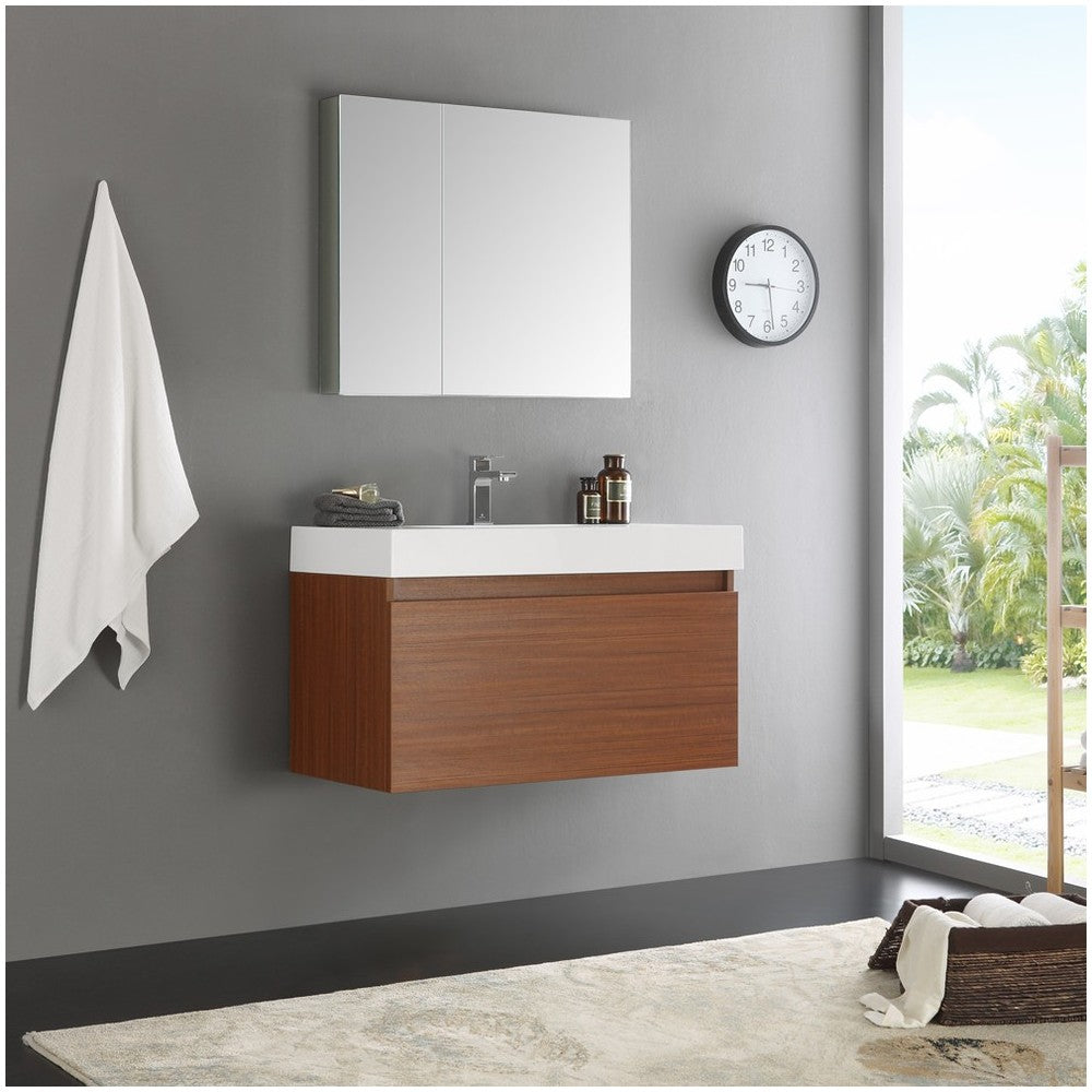 Fresca Mezzo 36" Teak Wall Hung Modern Bathroom Vanity w/ Medicine Cabinet