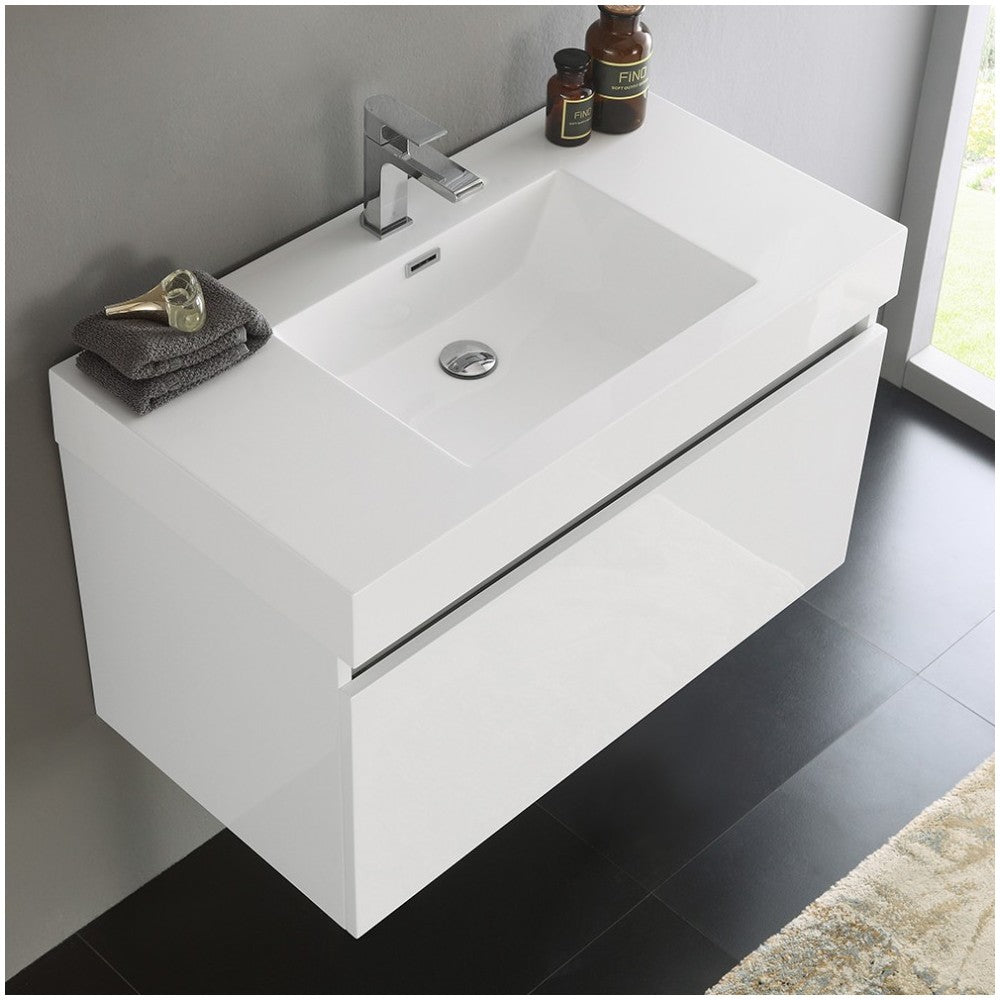 Fresca Mezzo 36" White Wall Hung Modern Bathroom Cabinet w/ Integrated Sink