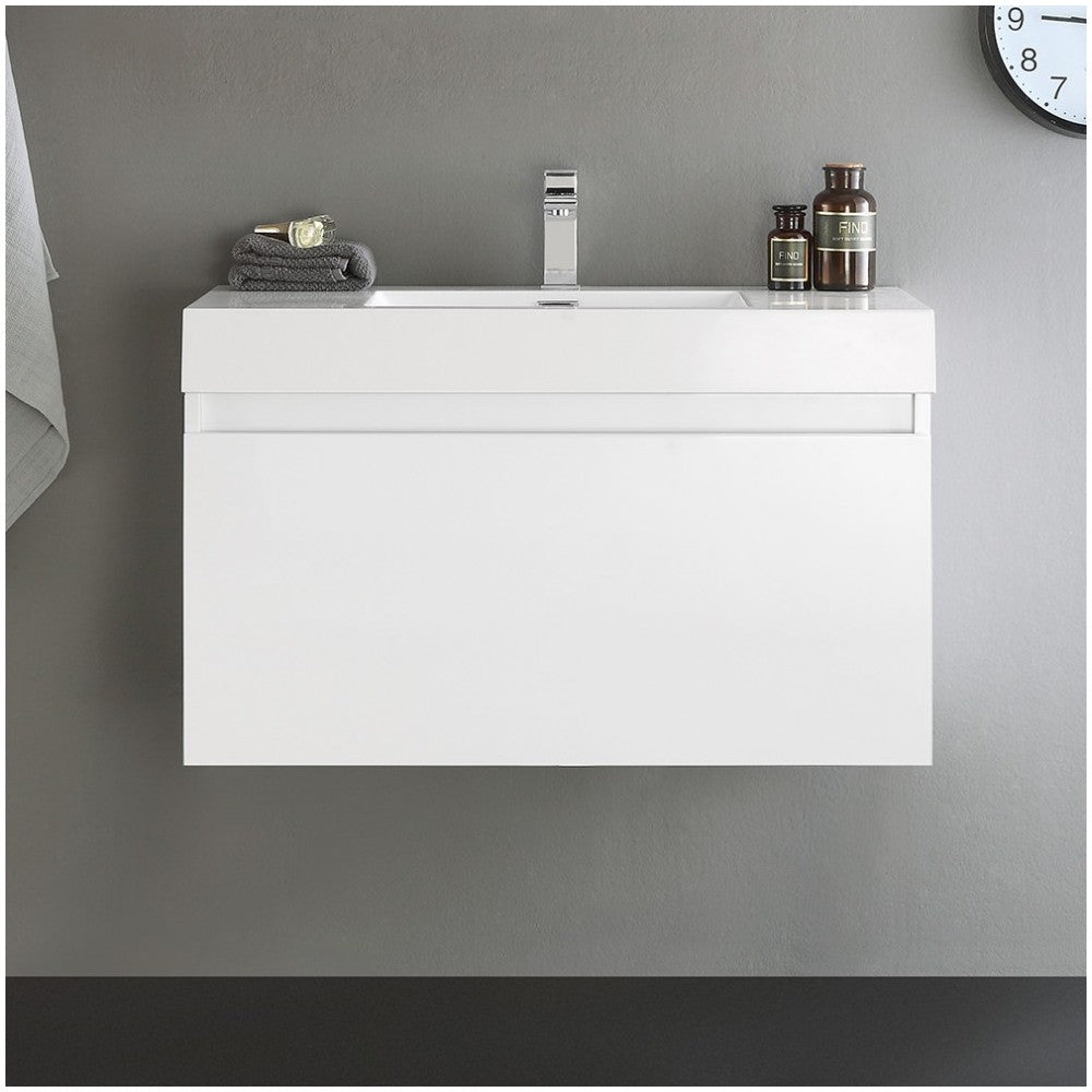 Fresca Mezzo 36" White Wall Hung Modern Bathroom Cabinet w/ Integrated Sink
