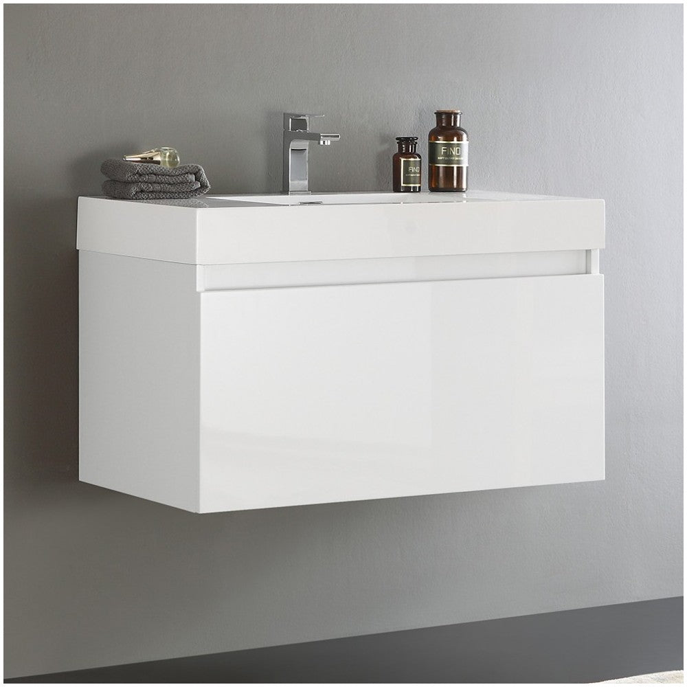 Fresca Mezzo 36" White Wall Hung Modern Bathroom Cabinet w/ Integrated Sink