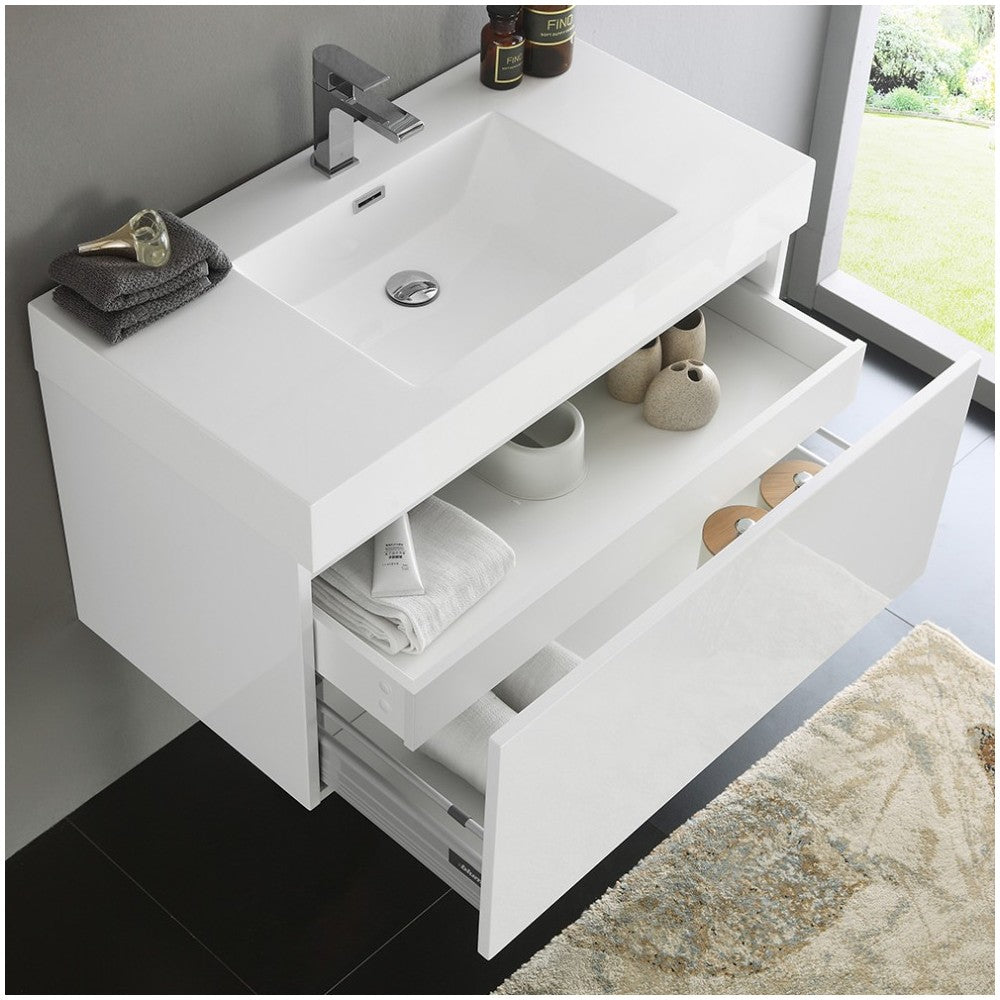 Fresca Mezzo 36" White Wall Hung Modern Bathroom Cabinet w/ Integrated Sink